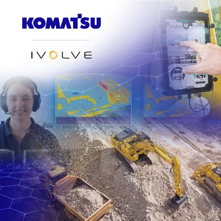 Komatsu and iVolve logos with woman talking on headset, person pointing to screen and Komatsu machine
