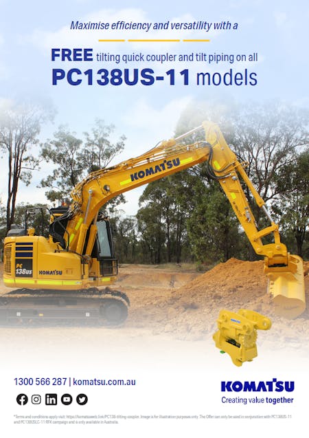 Komstsu promotional flyer on free tilting quick coupler and tilt piping on all PC138US-11 models