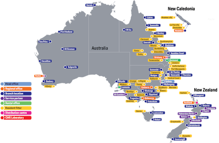 Map showing Komatsu's Australian branches