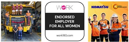 Work 180 Endorsed employer for all women badge, group of people standing with dump truck machine, and group of people standing with a cricket bat and cricket balls